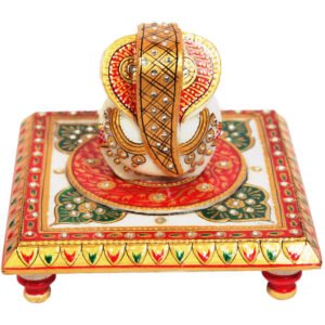 Marble Lord Ganesha In Handmade Craft Pooja Chowki