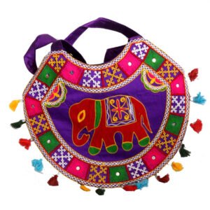 Ethnic Semi Circular Rajsi Blue Bag With Colourful Designs